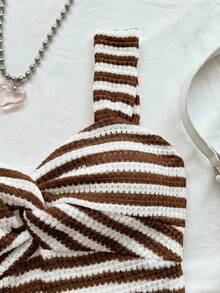 Soleia Women's Striped Twist Design Slit Hem Cami Midi Dress ,Summer Dress - Coffee Brown - View 6