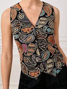 LOTSLUV Women's Black Paisley Sequin Embroidered V-Neck Sleeveless Fitted Vest And Black Straight Pocket Pants 2-Piece Set, Spring/Summer - Black - View 3