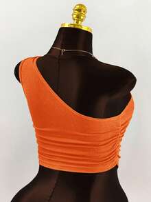 Amplova 大码女式彩色串珠装饰褶皱腰部单肩上衣 - 亮橙色 - 查看 7