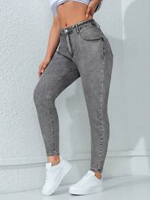 Flexra Plus Size Women Casual Elastic Fitted Black Denim Jeans - Light Grey - View 1