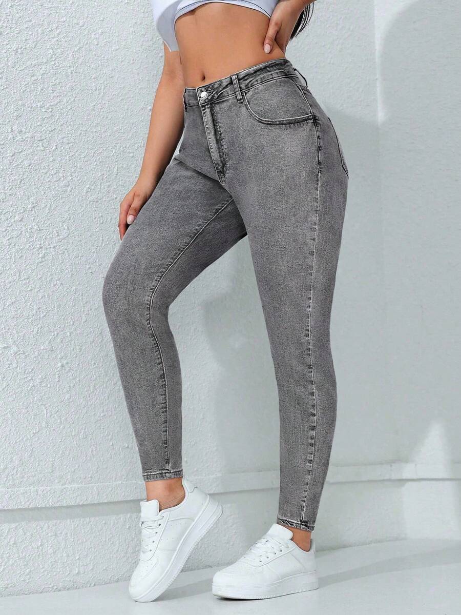 Flexra Plus Size Women Casual Elastic Fitted Black Denim Jeans - Light Grey - View 1