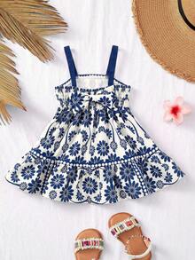 SHEIN 女婴碎花荷叶边吊带连衣裙 - 藍白色 - 查看 6