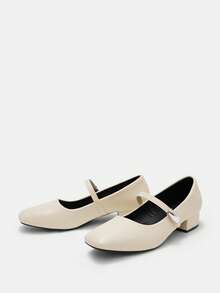 女士3厘米布面包跟黑色时尚百搭藏蓝色、咖啡色、酒红色低跟粗跟优雅玛丽珍平底鞋 - 杏色 - 查看 2