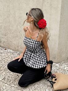 Serisse Gingham Square Neck Peplum Tank Top – Women's Sleeveless Plaid Camisole Summer  Cami  Women's Casual Plaid Camisole Top For Summer,Summer ,Spring,Festival,Party , Birthday,Beach,Vacation,Casual,Wedding,Graduation, Going Out, Elegant, - Apricot - View 6