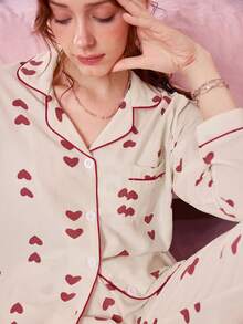 Bonmuse 22pcs Valentine's Day Heart Print Long Sleeve Top And Pants Pajama Set, Casual Loose Fit Homewear Suitable For Indoor And Outdoor, Spring/Summerfor Summer - Multicolor - View 8