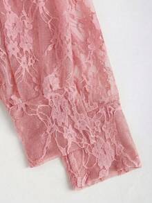 SHEIN Glamour Sheer Lace Blouse, Vacation,Beach Pink Romantic Long Sleeve Top Spring Boho - Pink - View 9