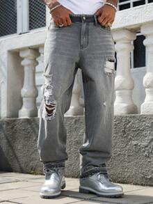 Manfinity EMRG Men's Casual Distressed Embroidered Loose Fit Dark Grey Jeans - Dark Grey - View 5