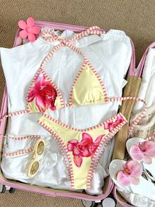 Swim Mod 2pcs/Set Teenage Girls Lily Flower Print Spaghetti Strap Triangle Bikini Top And V-Cut Bottoms - Multicolor - View 1