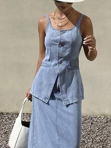 Livesso Spring & Summer Sleeveless Denim Vest Top, Casual Beach Vacation Style, Paired With Straight Cut High Slit Denim Skirt, Elegant Office/Commute 2-Piece Set For Women - Light Wash - View 8