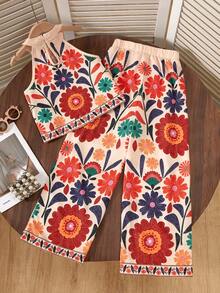 Sparklyn 女童沙滩度假基本款吊带上衣+宽松七分裤 编织花卉两件套 - 彩色 - 查看 2