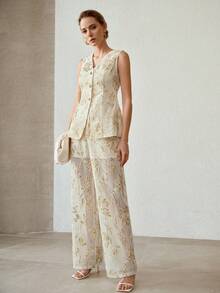 MOTF PREMIUM HEAVILY BEADED EMBROIDERED WIDE LEG RELAXED FIT PANTS FOR WOMEN - Apricot - View 2