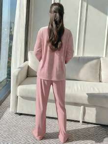 DAZY 2pcs Lace Patchwork Velvet Loose Cardigan & Straight Leg Long Pajama Pants Set, Women Spring Sleepwear - Pink - View 2
