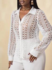 BamGleam Women's Fashionable Sexy Hollow Button Shirt, White Crochet Lace Blouse, Beach, Summer Vacations, Spring Breaks, Wedding Guest, Birthday, Elegant Party Blouse, Carnival Women Look 2026Summer - White - View 5
