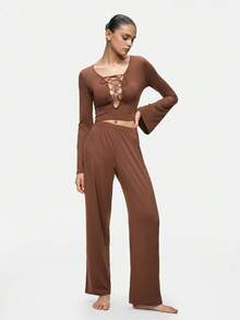 SHAPORA Women's Spring/Autumn V-Neck Flare Sleeve Cropped Top And Long Pants Pajama Set - Coffee Brown - View 3