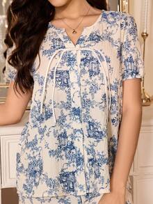 SHEIN 泡泡褶皱印花中国风纽扣开衫上衣和裤子睡衣套装 - 彩色 - 查看 4