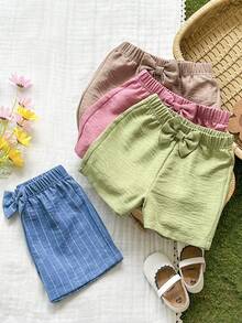 SHEIN Vintaside Kids 4件套女童休闲弹力腰蝴蝶结装饰直筒短裤，绿色/卡其色/粉色/蓝色，百搭时尚夏季短裤 - 彩色 - 查看 4
