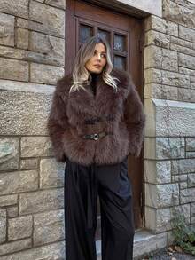 ORNATELLA 复古仿毛领夹克，秋冬时尚单品 - 棕色 - 查看 3