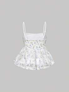 SHEIN MOD Women's Floral Print Pleated Casual Versatile Daily Wear Camisole Top - Blue and White - View 4