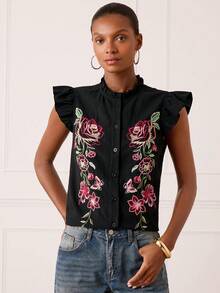 Lilora Women's Elegant Cotton Ruffle Sleeve Embroidered Blouse - Black - View 7