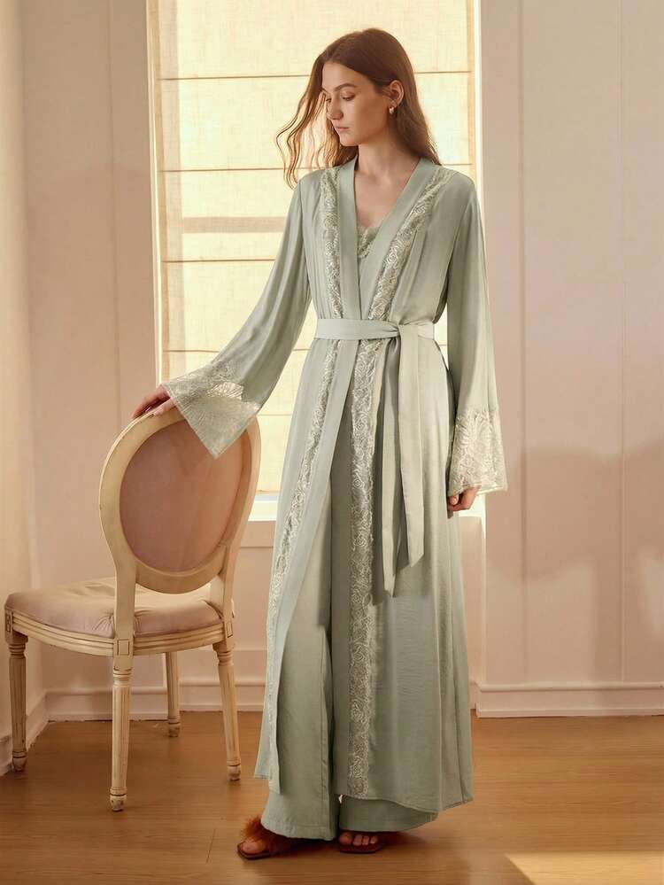 LACE TRIM PATCHWORK ELEGANT LONG ROBE
