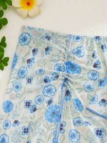 SHEIN 4pcs Tween Girl Blue Floral Mesh Solid Color Swimwear Set,Modest Summer Beach Holiday Resort Wear Three Pieces Swim Suit With Long Cover Up Skirt - Blue - View 3