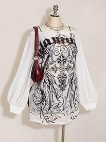 SHEIN ICON Vestido mini de malla transparente con estampado retro punk Y2K, abertura ancha y abierta, talla grande, otoño - Blanco y Negro - Ver 6