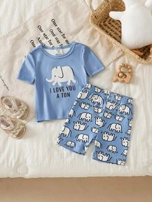 2件套幼儿男童可爱大象字母印花圆领按扣蓝色大象印花短裤睡衣套装，贴身款 - 藍色 - 查看 1