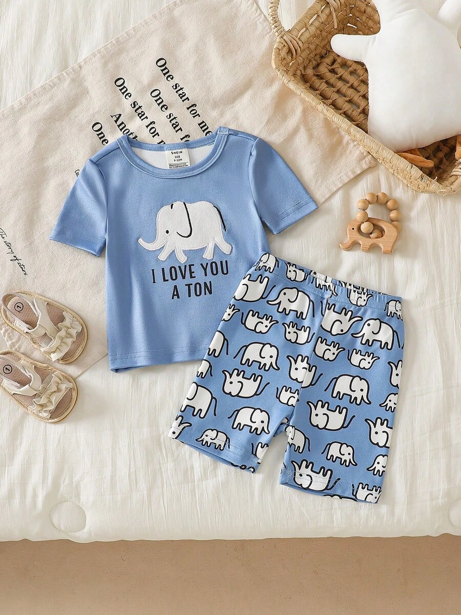 2件套幼儿男童可爱大象字母印花圆领按扣蓝色大象印花短裤睡衣套装，贴身款 - 藍色 - 查看 1