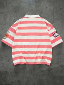 ROMWE MEN Men's Striped Print Loose Short Sleeve Polo Shirt Spring/Summer - Pink - View 2