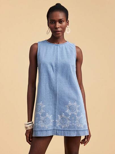 Travachic Women's Round Neck Geometric Pattern Casual Vacation Everyday Denim Dress