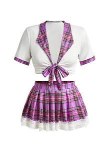 Fantasy Costume Bộ đồ lót gợi cảm 3 món dành cho nữ, họa tiết kẻ caro, buộc dây phía trước, viền ren, dùng để hóa trang (áo ngực không gọng, quần lọt khe và váy). - Nhiều màu - Xem 6