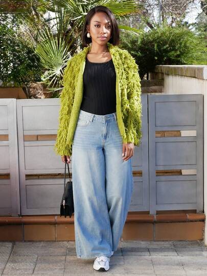 Yess Loren Solid Open Front Fuzzy Cardigan,Long Sleeve Tops Fall Winter Cloth For Women