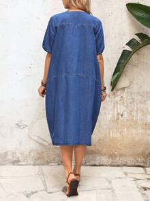 EMERY ROSE Women's Loose Everyday Denim Dress With Pockets - Medium Wash - View 2