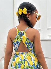 SHEIN Kleine Mädchen Kleid mit Zitronen-Muster und Rüschenärmeln, Sommerurlaub, Mutter-Tochter & Schwestern Partnerlook, Familienurlaub, Feiertage, Strandurlaub, Minimalistische ärmellose Kleid mit Blume Muster und Trägerkragen, Minimalistische ärmellose Kleid mit Blume Muster und Trägerkragen - Gelb - Übersicht 5