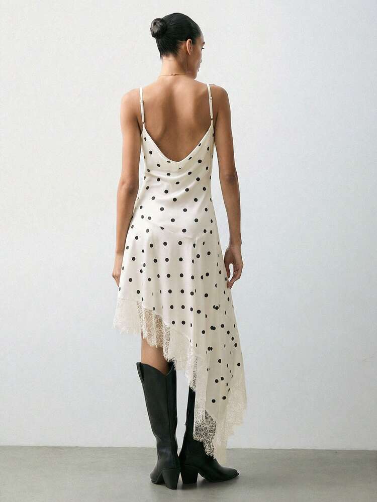 SHEIN Maija Wczesnowiosenna sukienka damska z koronką i kropkami, na ramiączkach typu spaghetti, idealna na przyjęcie walentynkowe