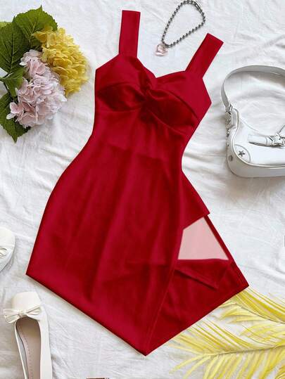 Soleia Vestido rojo casual, minimalista, bohemio, elegante y romántico, retro, adecuado para el Día de San Valentín, festivales de música, playa, vacaciones, salidas de verano, con diseño de lazo frontal, tirantes anchos y ajustado hasta la mitad del muslo para mujeres