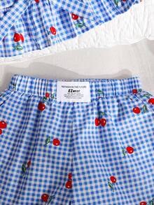 SHEIN Young Girl Casual Vacation Cherry Blue Plaid Vest Shirt Top And Shorts Set - Blue and White - View 3