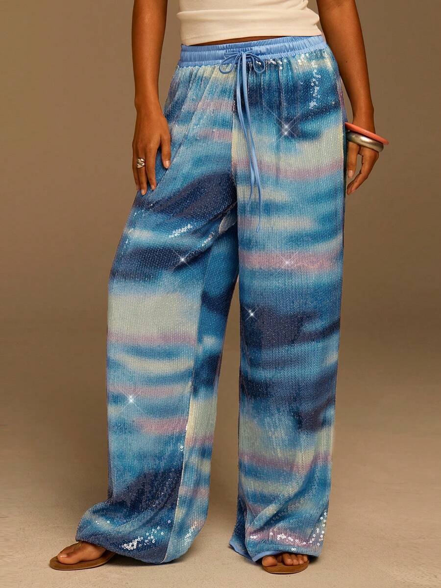 Athîral Women's Drawstring Waist Tie-Dye Sequin Loose Wide Leg Pants - Multicolor - View 1