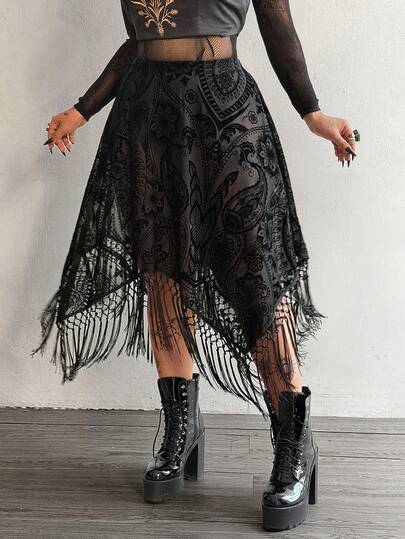 Whyspr Plus Size Fashionable Y2K Baddie Asymmetrical Punk Fringe Music Festival Velvet Mini Skirt