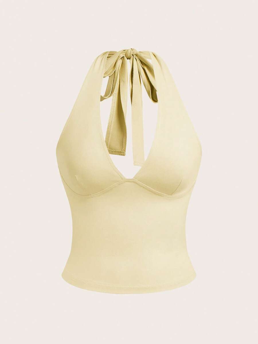 SHEIN EZwear Summer Casual Solid Color V-Neck Backless Halter Top,Summer Top - Light Yellow - View 1