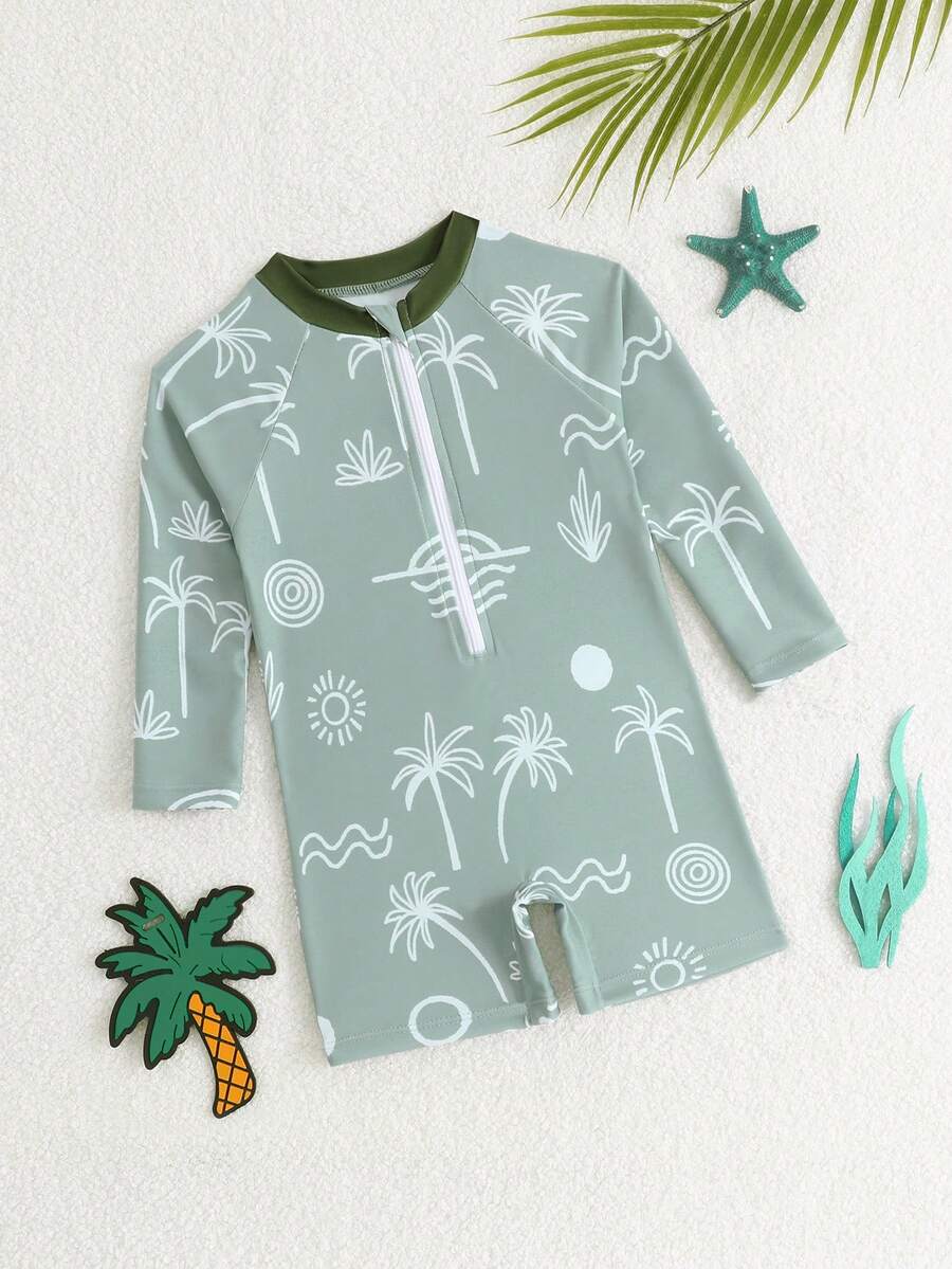 男婴连体长袖泳衣，沙滩防晒泳装 - 綠色 - 查看 1