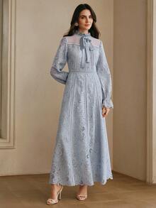 Anewsta Women's Elegant Water-Soluble Embroidered Patchwork Cinched Waist Long Sleeve Blue Dress, Spring Valentine's Day Outfit - Blue - View 5