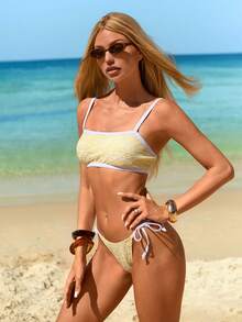 Swim Mod Women's 3 Pieces Swimwear Set,Cute White Contrast Trim Textured Bikini With Beach Skirt,Summer Holiday Pool Party Yellow Bathing Suit,Boho Vacation - Multicolor - View 5