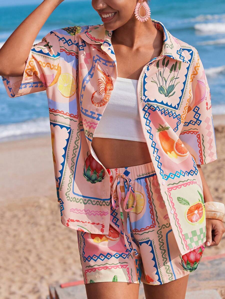 Travachic 2026 New Tropical Fruit Print Shirt And Shorts 2 Pieces Set, Women Summer Vacation Casual - Multicolor - View 1