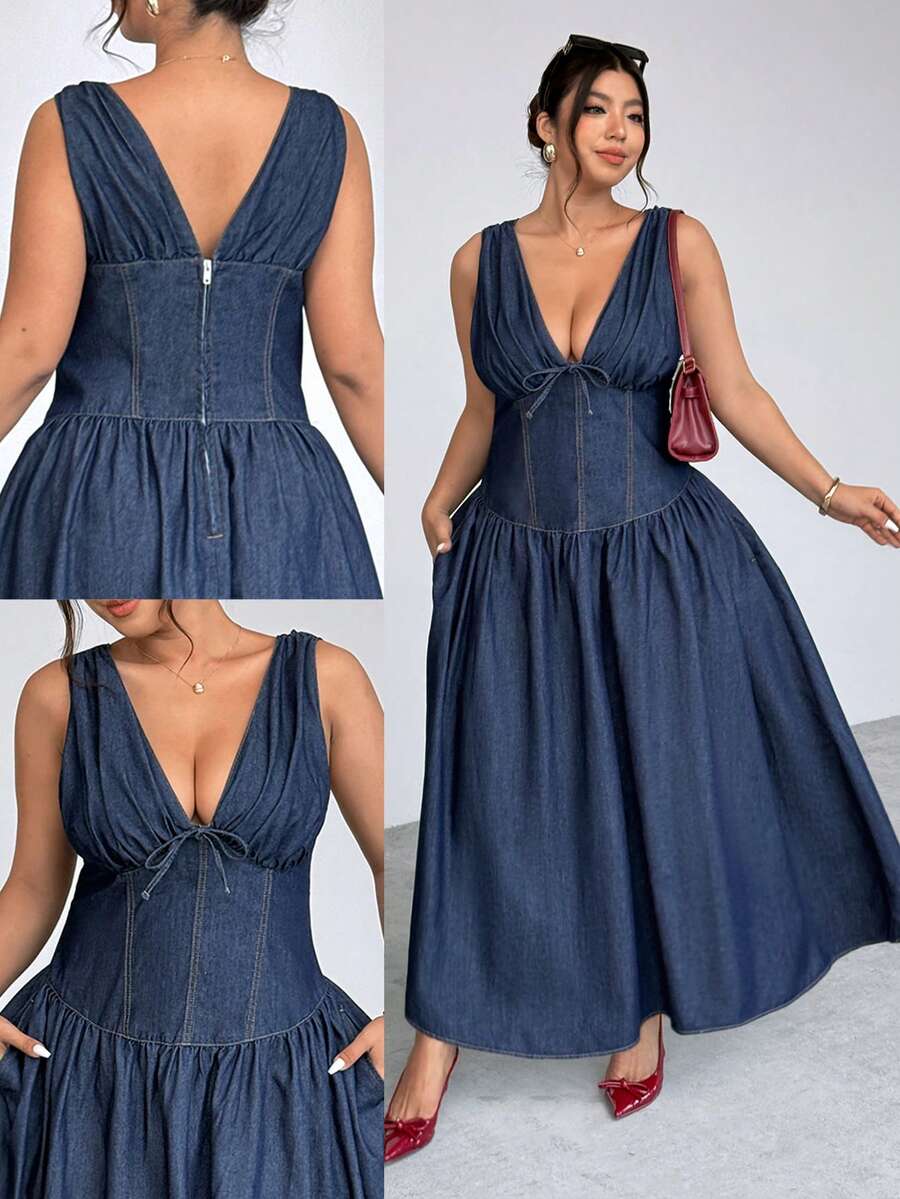 Firerie Đầm denim mùa hè cỡ lớn, kiểu dáng thường ngày, thắt eo phía trước.