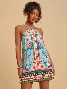 Travachic Vestido mini casual de vacaciones con estampado floral y cuello halter para mujer - Multicolor - Ver 3