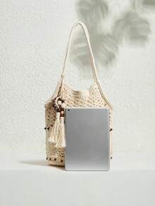 SHECARRY 时尚编织手提包，米色镂空设计 - 米色 - 查看 3