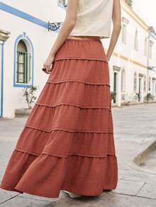 Nöista Rust-Colored Maxi Skirt Features Tiered Layers And A Comfortable Drawstring Waist. Boho-Inspired Looks, Spring, Summer, Festival, . - Rust Brown - View 2