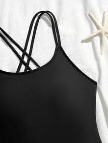 SHEIN Baju Renang Terusan untuk Remaja Perempuan, Warna Hitam Polos, Bahan Rajut Pas Badan, Tali Segitiga Silang yang Dapat Diatur, Model Tank Top yang Awet Muda untuk Musim Panas, Pantai, Liburan - Hitam - View 5