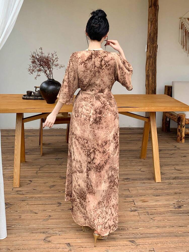 Women's Summer Casual Vacation Style Allover Print Surplice Neck Wrap Tie Waist Dress Sundress